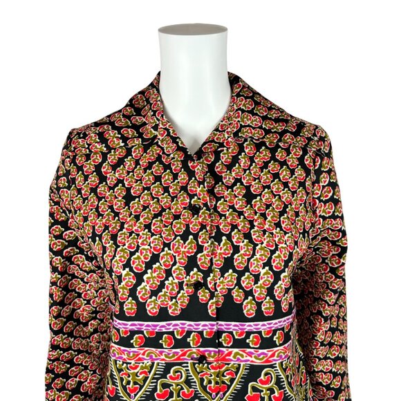 Vintage 70s Printed Blouse Women's Medium Pink Black Border Print Top - Picture 2 of 10